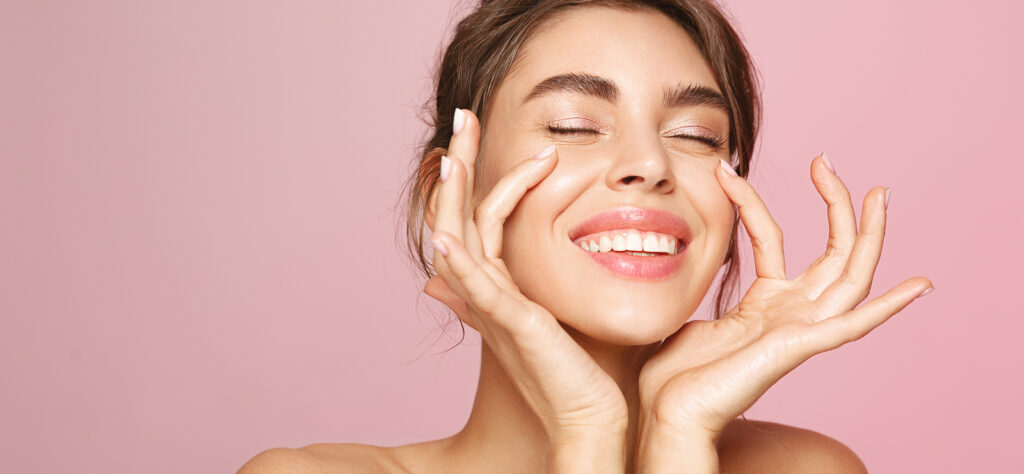acne facial birmingham - Woman with beauty face touching healthy facial skin