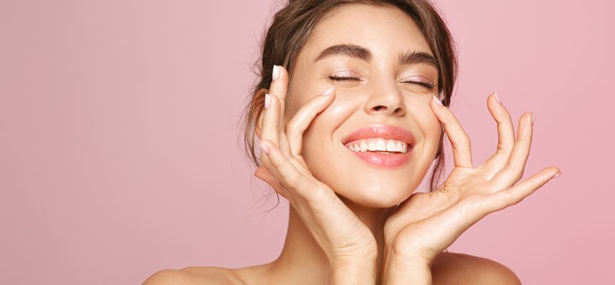 acne facial birmingham - Woman with beauty face touching healthy facial skin